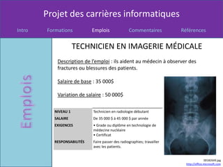 Projet des carrières informatiques
Intro   Formations          Emplois               Commentaires           Références


                     TECHNICIEN EN IMAGERIE MÉDICALE
            Description de l’emploi : ils aident au médecin à observer des
            fractures ou blessures des patients.

            Salaire de base : 35 000$

            Variation de salaire : 50 000$

          NIVEAU 1          Technicien en radiologie débutant
          SALAIRE           De 35 000 $ à 45 000 $ par année
          EXIGENCES         • Grade ou diplôme en technologie de
                            médecine nucléaire
                            • Certificat
          RESPONSABILITÉS   Faire passer des radiographies; travailler
                            avec les patients.


                                                                                         00182649.jpg
                                                                           http://office.microsoft.com
 