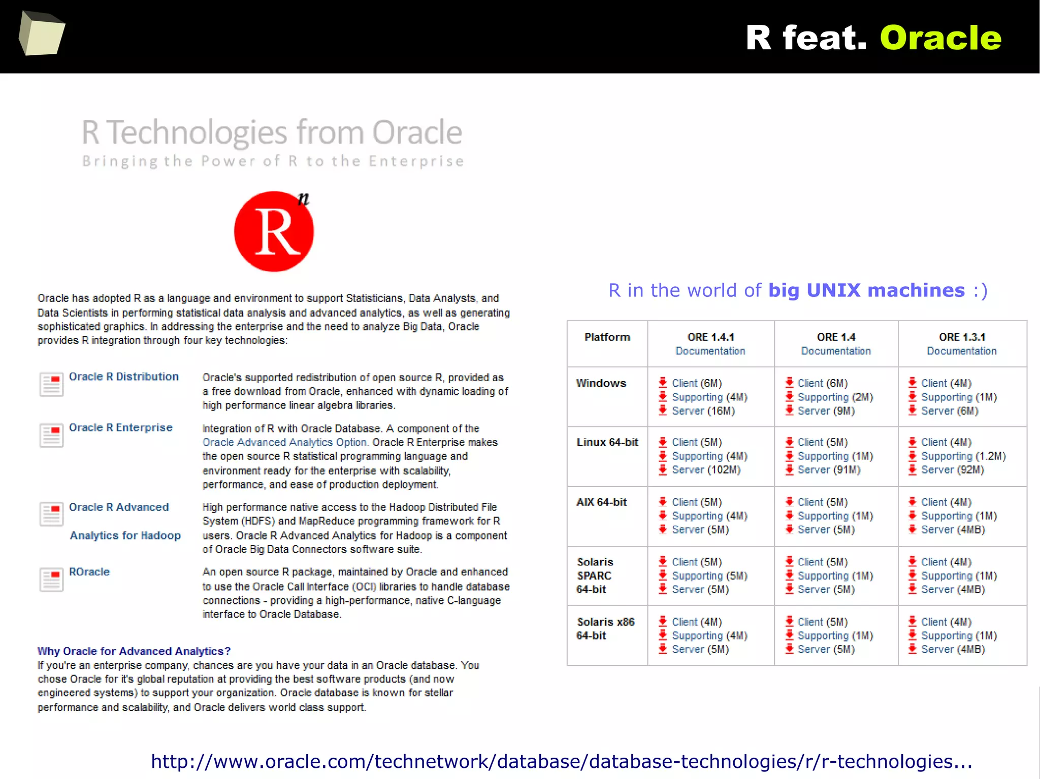 130
R feat. Oracle
http://www.oracle.com/technetwork/database/database-technologies/r/r-technologies...
R in the world of big UNIX machines :)
 