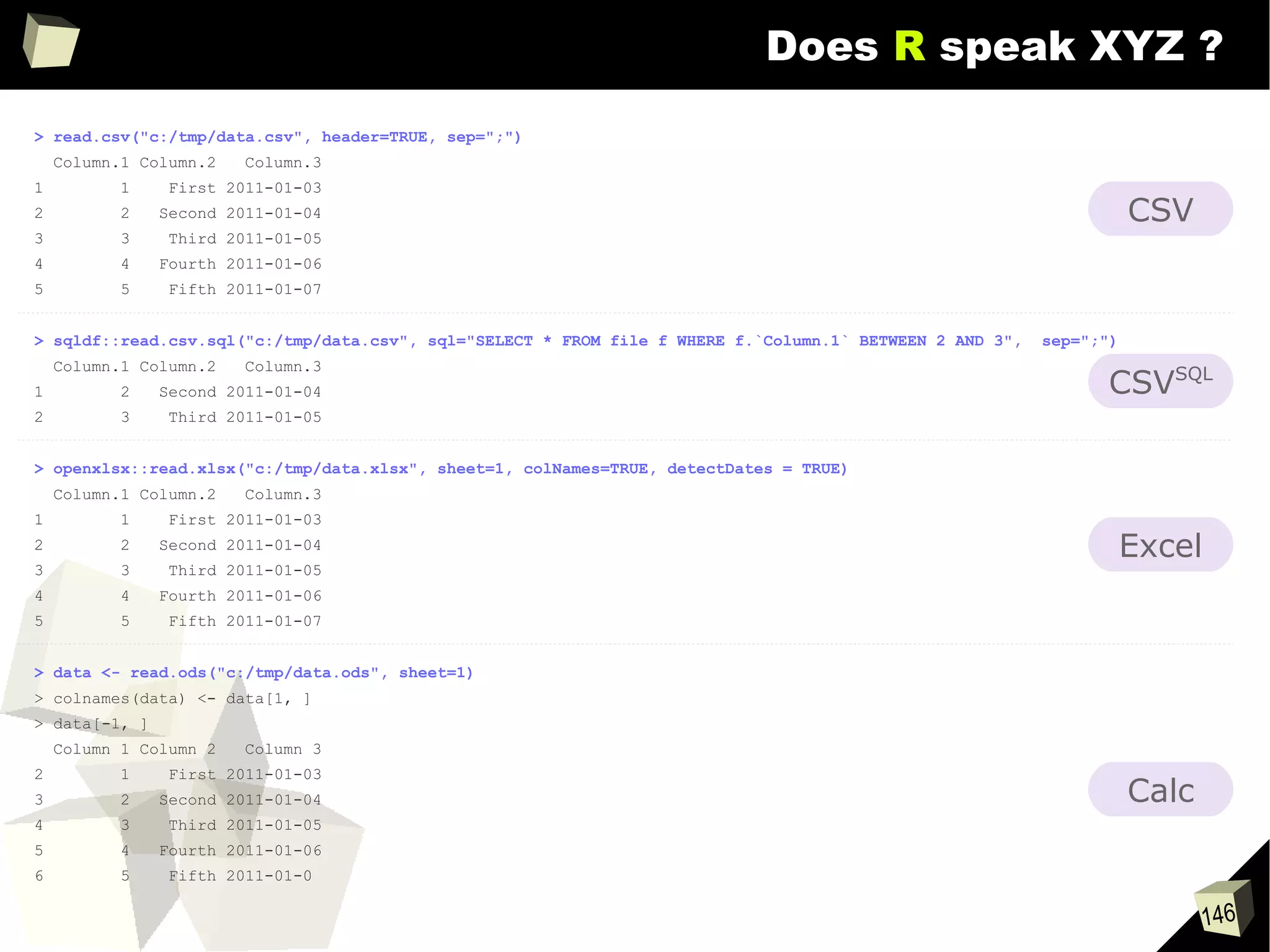 146
Does R speak XYZ ?
> read.csv("c:/tmp/data.csv", header=TRUE, sep=";")
Column.1 Column.2 Column.3
1 1 First 2011-01-03
2 2 Second 2011-01-04
3 3 Third 2011-01-05
4 4 Fourth 2011-01-06
5 5 Fifth 2011-01-07
> sqldf::read.csv.sql("c:/tmp/data.csv", sql="SELECT * FROM file f WHERE f.`Column.1` BETWEEN 2 AND 3", sep=";")
Column.1 Column.2 Column.3
1 2 Second 2011-01-04
2 3 Third 2011-01-05
> openxlsx::read.xlsx("c:/tmp/data.xlsx", sheet=1, colNames=TRUE, detectDates = TRUE)
Column.1 Column.2 Column.3
1 1 First 2011-01-03
2 2 Second 2011-01-04
3 3 Third 2011-01-05
4 4 Fourth 2011-01-06
5 5 Fifth 2011-01-07
> data <- read.ods("c:/tmp/data.ods", sheet=1)
> colnames(data) <- data[1, ]
> data[-1, ]
Column 1 Column 2 Column 3
2 1 First 2011-01-03
3 2 Second 2011-01-04
4 3 Third 2011-01-05
5 4 Fourth 2011-01-06
6 5 Fifth 2011-01-0
CSV
CSVSQL
Excel
Calc
 