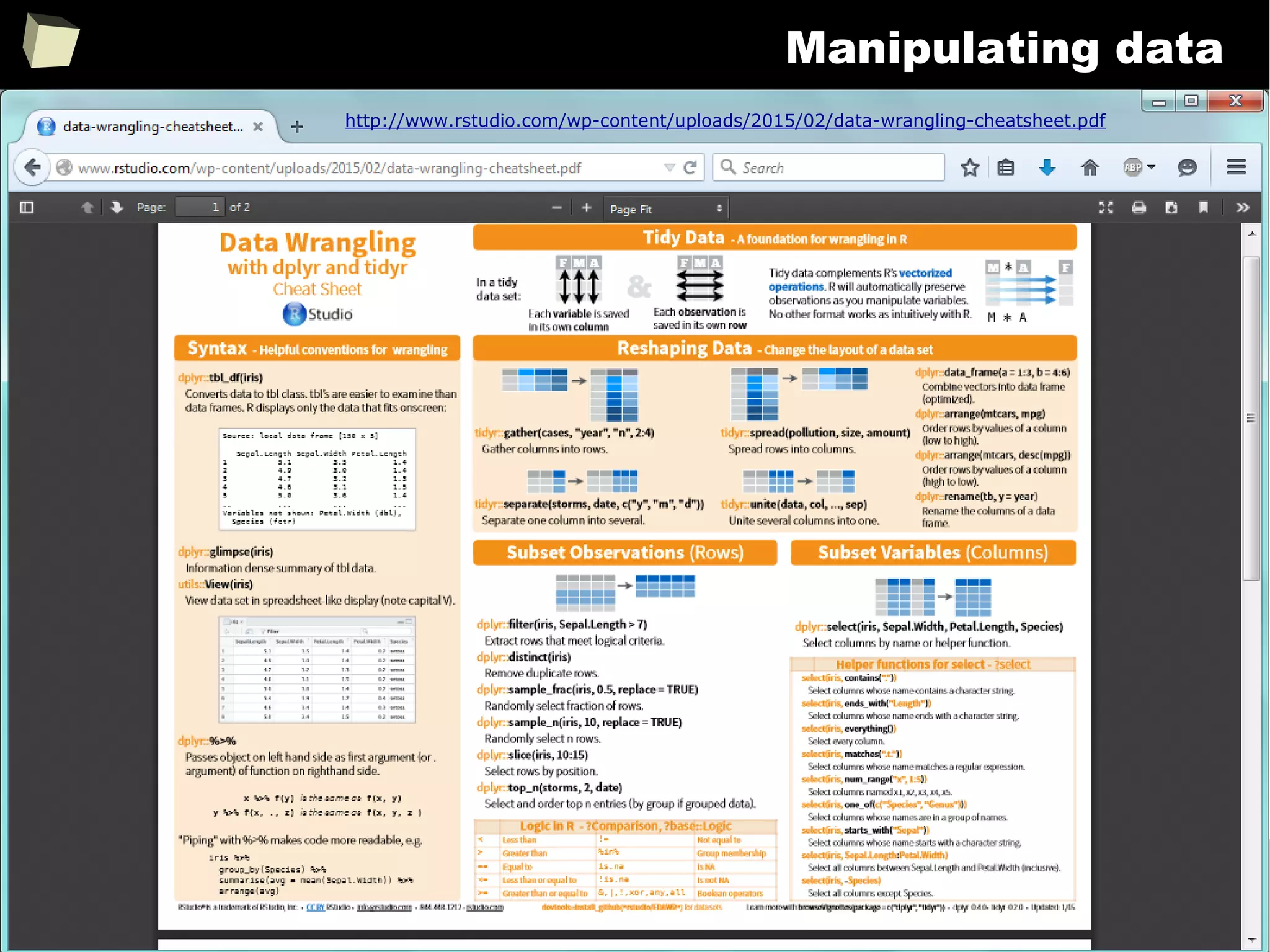 170
Manipulating data
http://www.rstudio.com/wp-content/uploads/2015/02/data-wrangling-cheatsheet.pdf
 