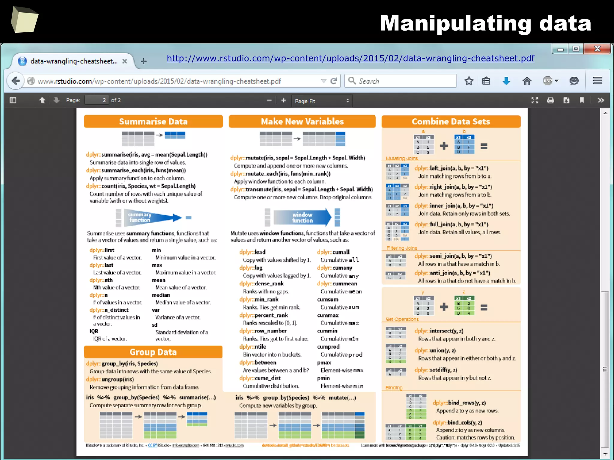 171
Manipulating data
http://www.rstudio.com/wp-content/uploads/2015/02/data-wrangling-cheatsheet.pdf
 