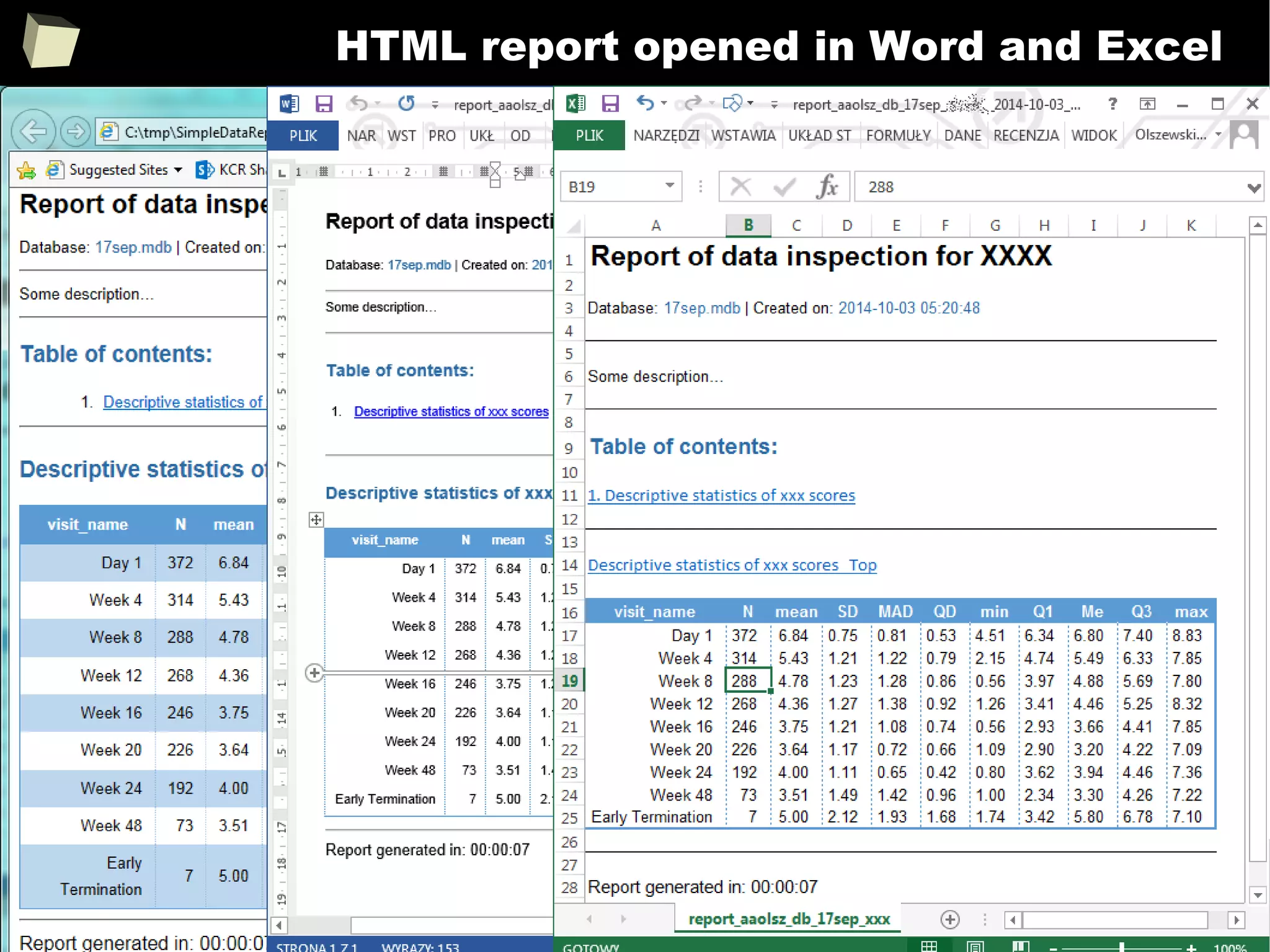 209
HTML report opened in Word and Excel
 