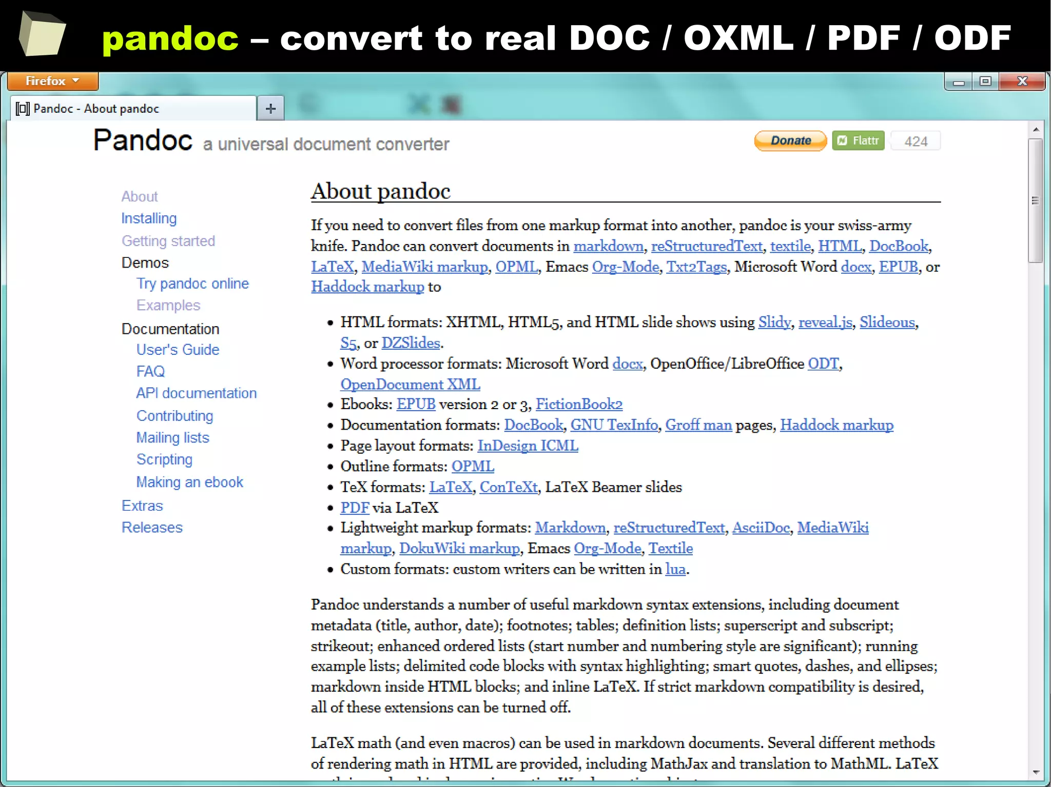 211
pandoc – convert to real DOC / OXML / PDF / ODF
 