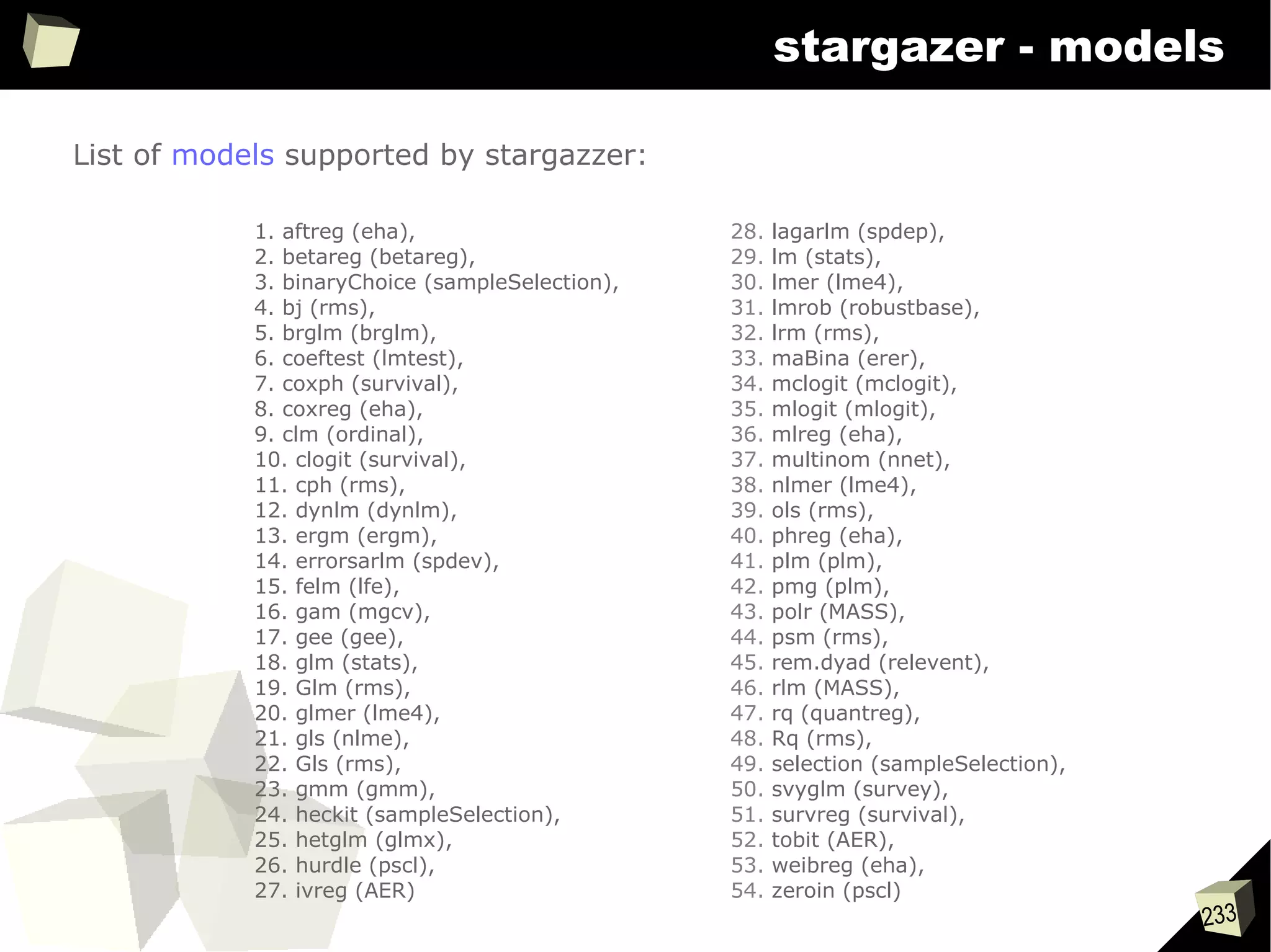 233
stargazer - models
List of models supported by stargazzer:
1. aftreg (eha),
2. betareg (betareg),
3. binaryChoice (sampleSelection),
4. bj (rms),
5. brglm (brglm),
6. coeftest (lmtest),
7. coxph (survival),
8. coxreg (eha),
9. clm (ordinal),
10. clogit (survival),
11. cph (rms),
12. dynlm (dynlm),
13. ergm (ergm),
14. errorsarlm (spdev),
15. felm (lfe),
16. gam (mgcv),
17. gee (gee),
18. glm (stats),
19. Glm (rms),
20. glmer (lme4),
21. gls (nlme),
22. Gls (rms),
23. gmm (gmm),
24. heckit (sampleSelection),
25. hetglm (glmx),
26. hurdle (pscl),
27. ivreg (AER)
28. lagarlm (spdep),
29. lm (stats),
30. lmer (lme4),
31. lmrob (robustbase),
32. lrm (rms),
33. maBina (erer),
34. mclogit (mclogit),
35. mlogit (mlogit),
36. mlreg (eha),
37. multinom (nnet),
38. nlmer (lme4),
39. ols (rms),
40. phreg (eha),
41. plm (plm),
42. pmg (plm),
43. polr (MASS),
44. psm (rms),
45. rem.dyad (relevent),
46. rlm (MASS),
47. rq (quantreg),
48. Rq (rms),
49. selection (sampleSelection),
50. svyglm (survey),
51. survreg (survival),
52. tobit (AER),
53. weibreg (eha),
54. zeroin (pscl)
 