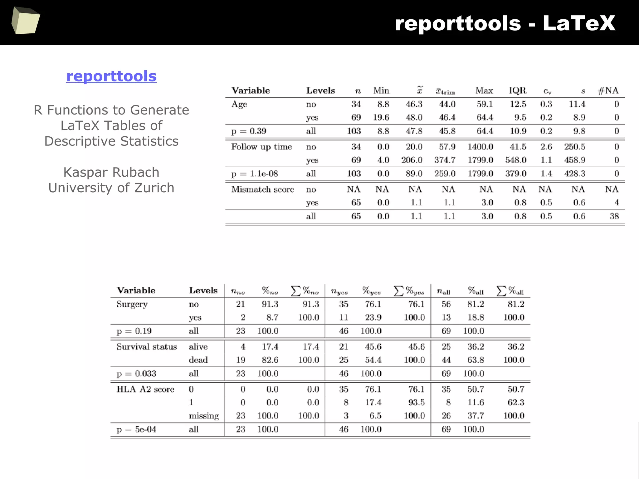 234
reporttools - LaTeX
reporttools
R Functions to Generate
LaTeX Tables of
Descriptive Statistics
Kaspar Rubach
University of Zurich
 