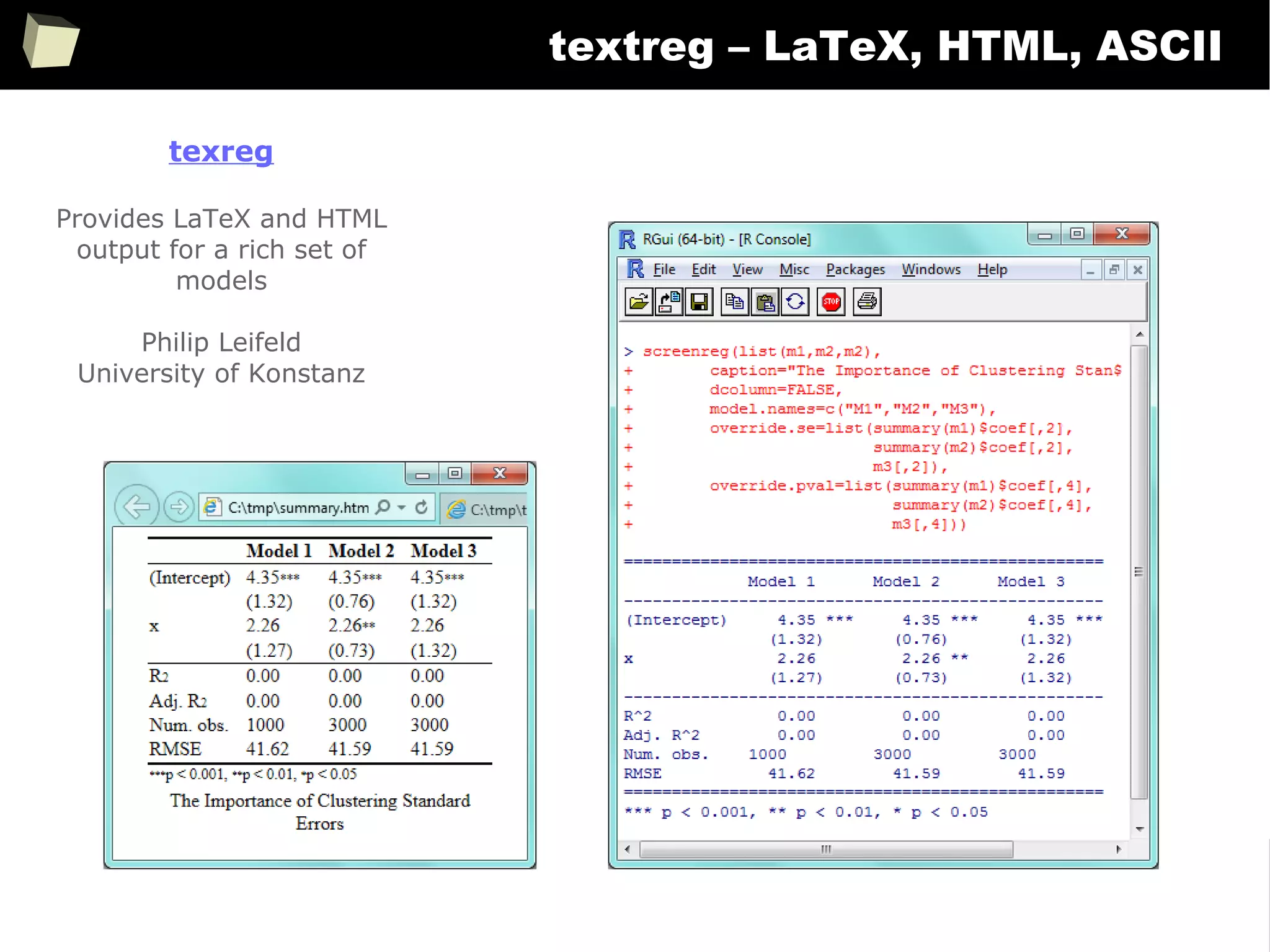 236
textreg – LaTeX, HTML, ASCII
texreg
Provides LaTeX and HTML
output for a rich set of
models
Philip Leifeld
University of Konstanz
 