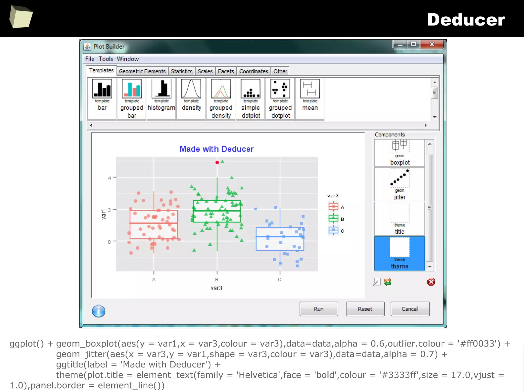 274
Deducer
ggplot() + geom_boxplot(aes(y = var1,x = var3,colour = var3),data=data,alpha = 0.6,outlier.colour = '#ff0033') +
geom_jitter(aes(x = var3,y = var1,shape = var3,colour = var3),data=data,alpha = 0.7) +
ggtitle(label = 'Made with Deducer') +
theme(plot.title = element_text(family = 'Helvetica',face = 'bold',colour = '#3333ff',size = 17.0,vjust =
1.0),panel.border = element_line())
 