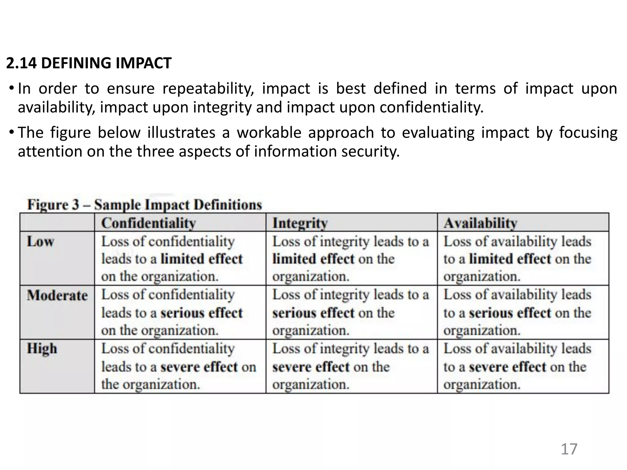 2.14 DEFINING IMPACT
• In order to ensure repeatability, impact is best defined in terms of impact upon
availability, impact upon integrity and impact upon confidentiality.
• The figure below illustrates a workable approach to evaluating impact by focusing
attention on the three aspects of information security.
17
 