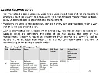 2.21 RISK COMMUNICATION
• Risk must also be communicated. Once risk is understood, risks and risk management
strategies must be clearly communicated to organizational management in terms
easily understandable to organizational management.
• Managers are used to managing risk, they do it every day. So presenting risk in a way
that they will understand is key.
• With a quantitative risk assessment methodology, risk management decisions are
typically based on comparing the costs of the risk against the costs of risk
management strategy. A return on investment (ROI) analysis is a powerful tool to
include in the risk assessment report. This is a tool commonly used in business to
justify taking or not taking a certain action.
25
 