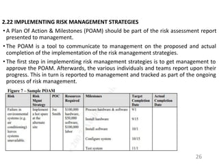 2.22 IMPLEMENTING RISK MANAGEMENT STRATEGIES
• A Plan Of Action & Milestones (POAM) should be part of the risk assessment report
presented to management.
• The POAM is a tool to communicate to management on the proposed and actual
completion of the implementation of the risk management strategies.
• The first step in implementing risk management strategies is to get management to
approve the POAM. Afterwards, the various individuals and teams report upon their
progress. This in turn is reported to management and tracked as part of the ongoing
process of risk management.
26
 