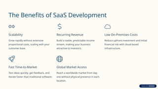 The Benefits of SaaS Development
Scalability
Grow rapidly without extensive
proportional costs, scaling with your
customer base.
Recurring Revenue
Build a stable, predictable income
stream, making your business
attractive to investors.
Low On-Premises Costs
Reduce upfront investment and initial
financial risk with cloud-based
infrastructure.
Fast Time-to-Market
Test ideas quickly, get feedback, and
iterate faster than traditional software.
Global Market Access
Reach a worldwide market from day
one without physical presence in each
location.
 