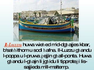 Il-Luzzu  huwa wie ħ ed mid-dg ħ ajjes kbar, b'sa ħħ ithom u sodi  ħ afna.  Il-Luzzu g ħ andu l-poppa u l-pruwa  ġ ejjin g ħ all-ponta. Huwa g ħ andu l-g ħ ajn li jg ħ idu li tipprote ġ i lis-sajjieda mill-maltemp.  
