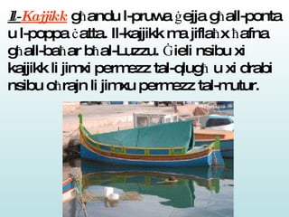 Il- Kajjikk  g ħ andu l-pruwa  ġ ejja g ħ all-ponta u l-poppa  ċ atta. Il-kajjikk ma jifla ħ x  ħ afna g ħ all-ba ħ ar b ħ al-Luzzu.  Ġ ieli nsibu xi kajjikk li jimxi permezz tal-qlug ħ  u xi drabi nsibu o ħ rajn li jimxu permezz tal-mutur.  