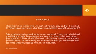 Think About It:
Allah knows best which level we each individually pray at. But, if you had
to reflect upon your level, what level would classify yourself as praying in?
Take a minute to do a quick write in your notebook/chart as to which level
you think you might be praying at and why you came to that conclusion
(use specifics from what was learned in this lesson). These notes are your
personal notes, so write freely and be honest so that you can benefit and
see what areas you need to work on, in shaa Allah.
45
2015 TJ Homeschooling
 