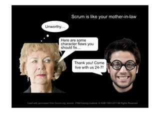 Scrum is like your mother-in-law

                Unworthy…


                               Here are some
                               character flaws you
                               should fix....



                                           Thank you! Come
                                           live with us 24-7!




Used with permission from Scrum.org, source: PSM training material, © ADM 1983-2011 All Rights Reserved
 