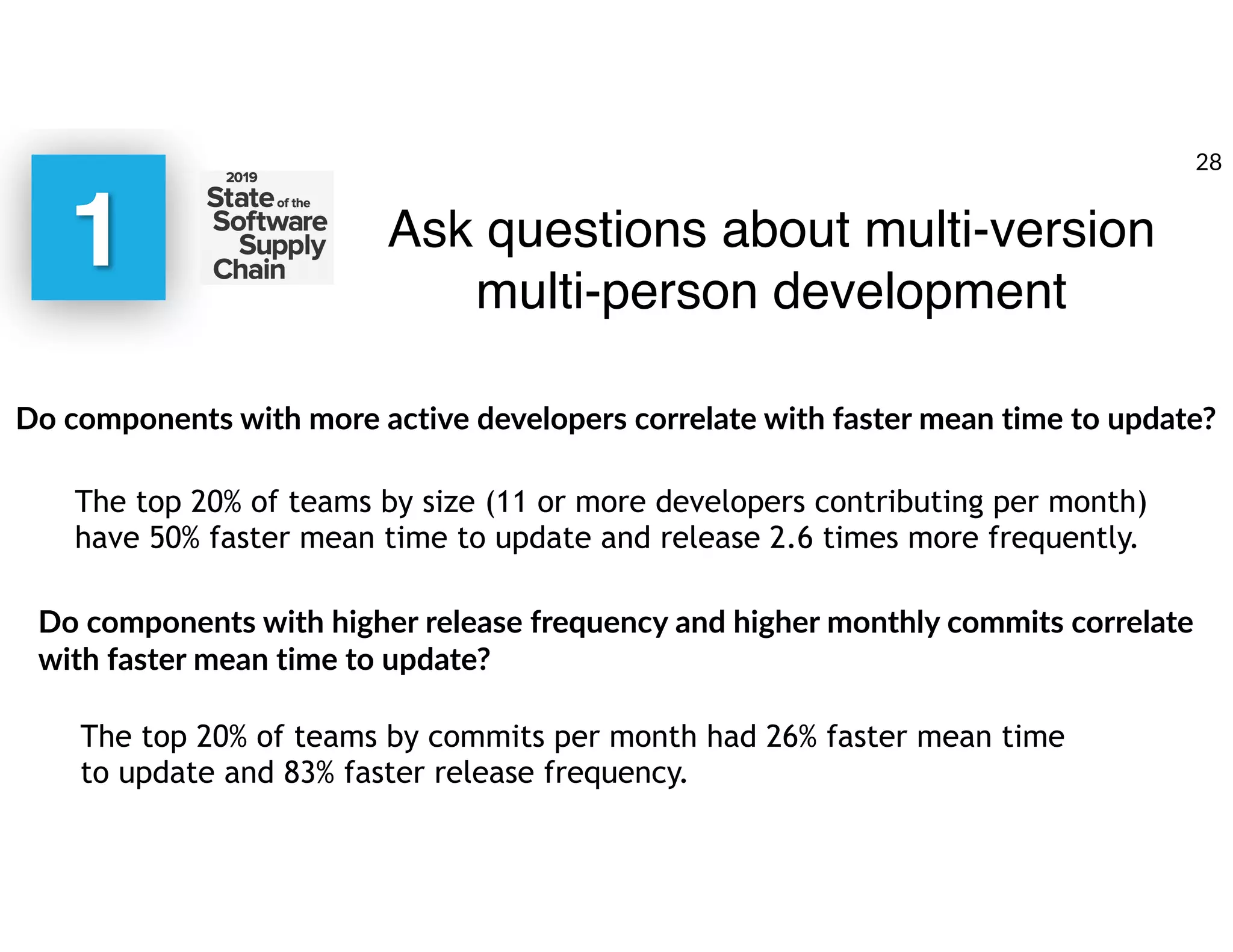 1 Ask questions about multi-version
multi-person development
Do components with more active developers correlate with faster mean time to update?
The top 20% of teams by size (11 or more developers contributing per month)
have 50% faster mean time to update and release 2.6 times more frequently.
Do components with higher release frequency and higher monthly commits correlate
with faster mean time to update?
The top 20% of teams by commits per month had 26% faster mean time
to update and 83% faster release frequency.
28
 