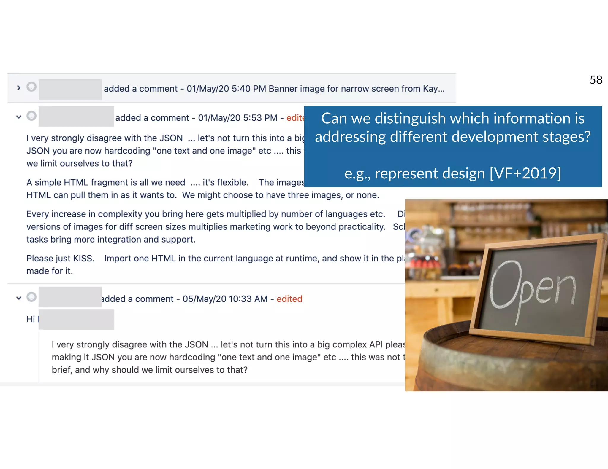 Can we distinguish which information is
addressing different development stages?
e.g., represent design [VF+2019]
58
 