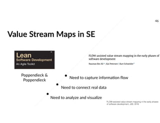 Value Stream Maps in SE
Need to capture informamon ﬂow
Need to analyze and visualize
Need to connect real data
FLOW-assisted value stream mapping in the early phases
of software development, JSS, 2016
Poppendieck &
Poppendieck
46
 