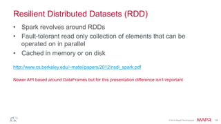 ®
© 2016 MapR Technologies 18
RDD Operations - Expressive
•  Transformations
–  Creation of a new RDD dataset from an existing
•  map, filter, distinct, union, sample, groupByKey, join, reduce, etc…
•  Actions
–  Return a value after running a computation
•  collect, count, first, takeSample, foreach, etc…
Check the documentation for a complete list
 
