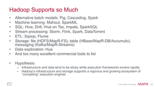 ®
© 2016 MapR Technologies 25
Perspective
Unified Easy Batch Interactive
Streaming Framework
Pluggable data parallel framework
HDFS and HBase Persistent Store
Interactive SQL
(Drill, Impala,
Hive.next)
Streaming
(Flink, Storm
DataTorrent)
RDBMS
(e.g
SpliceMachine)
Ecosystem
SLA (YARN resource reservation, distro mgmt tools, Pepperdata, …)
Security (Drill Views, Ranger, Sentry, BlueTalon…)
Data Wrangling, discovery and governance (Trifacta, Paxata, Waterline…)
 
