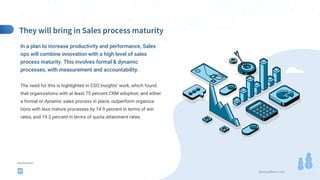 demandfarm.com
In a plan to increase productivity and performance, Sales
ops will combine innovation with a high level of sales
process maturity. This involves formal & dynamic
processes, with measurement and accountability.
The need for this is highlighted in CSO Insights’ work, which found
that organizations with at least 75 percent CRM adoption, and either
a formal or dynamic sales process in place, outperform organiza-
tions with less mature processes by 14.9 percent in terms of win
rates, and 19.3 percent in terms of quota attainment rates.
15
 