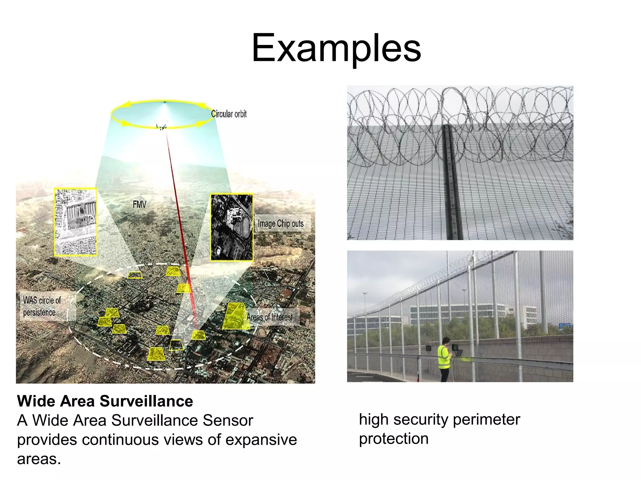 Examples
Wide Area Surveillance
A Wide Area Surveillance Sensor
provides continuous views of expansive
areas.
high security perimeter
protection
 