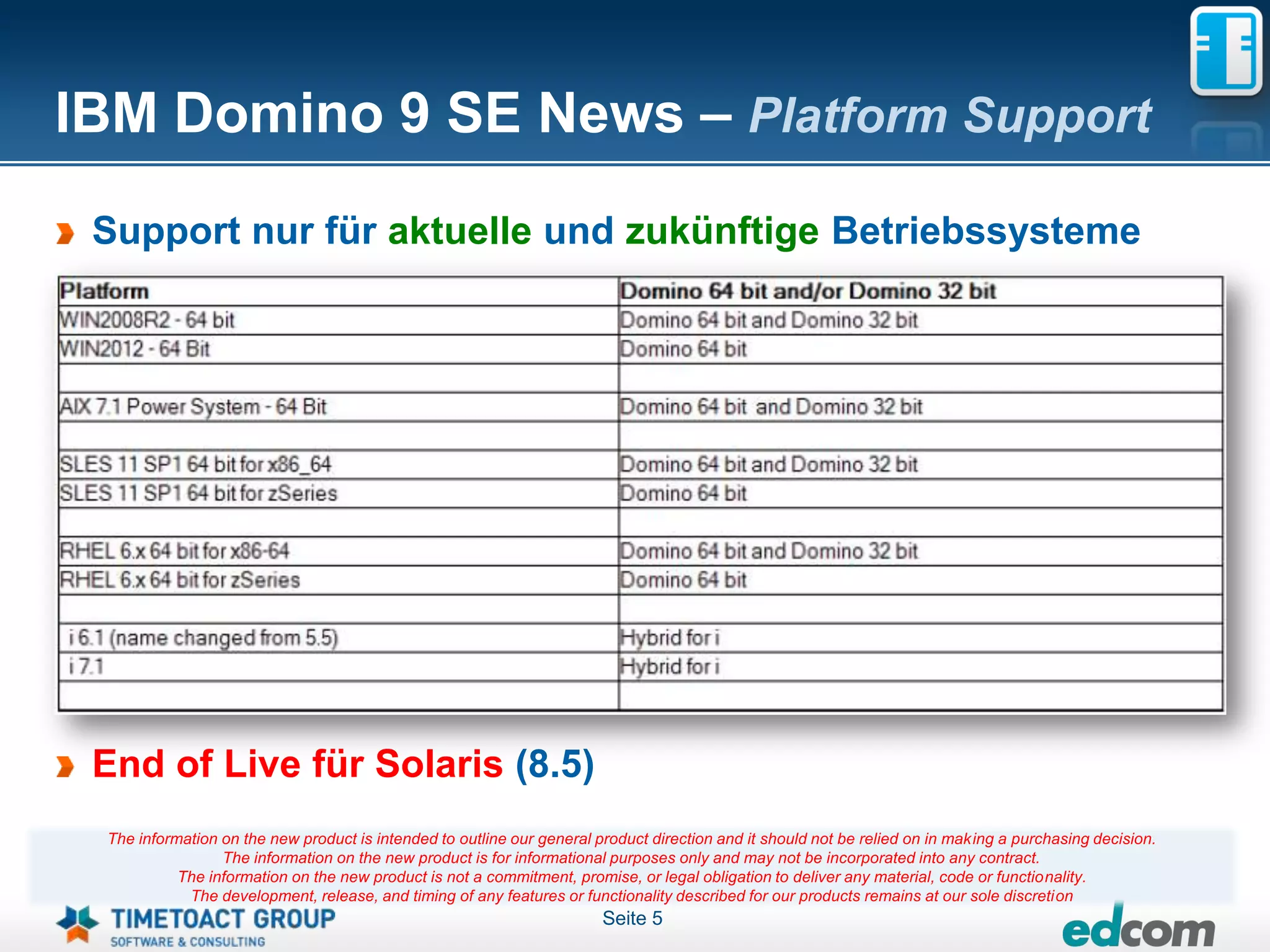 IBM Domino 9 SE News – Platform Support
 Support nur für aktuelle und zukünftige Betriebssysteme




 End of Live für Solaris (8.5)
 The information on the new product is intended to outline our general product direction and it should not be relied on in making a purchasing decision.
                 The information on the new product is for informational purposes only and may not be incorporated into any contract.
           The information on the new product is not a commitment, promise, or legal obligation to deliver any material, code or functionality.
            The development, release, and timing of any features or functionality described for our products remains at our sole discretion
                                                                        Seite 5
 