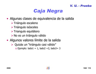 2008 V&V 110
Caja Negra
• Algunas clases de equivalencia de la salida
Triángulo escaleno
Triángulo isósceles
Triangulo equilátero
No es un triángulo válido
• Algunos valores límite de la salida
Quizás un “triángulo casi válido”
o Ejemplo: lado1 = 1, lado2 =2, lado3= 3
V. U. - Prueba
 