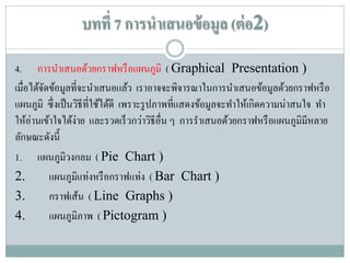 บทที่ 7 การนาเสนอข้ อมูล (ต่ อ2)
4. การนาเสนอด้วยกราฟหรื อแผนภูมิ ( Graphical Presentation )
เมื่อได้จดข้อมูลที่จะนาเสนอแล้ว เราอาจจะพิจารณาในการนาเสนอข้อมูลด้วยกราฟหรื อ
ั
แผนภูมิ ซึ่ งเป็ นวิธีที่ใช้ได้ดี เพราะรู ปภาพที่แสดงข้อมูลจะทาให้เกิดความน่าสนใจ ทา
ให้อ่านเข้าใจได้ง่าย และรวดเร็ วกว่าวิธีอื่น ๆ การราเสนอด้วยกราฟหรื อแผนภูมิมีหลาย
ลักษณะดังนี้
1. แผนภูมิวงกลม ( Pie Chart )
2.
แผนภูมิแท่งหรื อกราฟแท่ง ( Bar Chart )
3.
กราฟเส้น ( Line Graphs )
4.
แผนภูมิภาพ ( Pictogram )

 