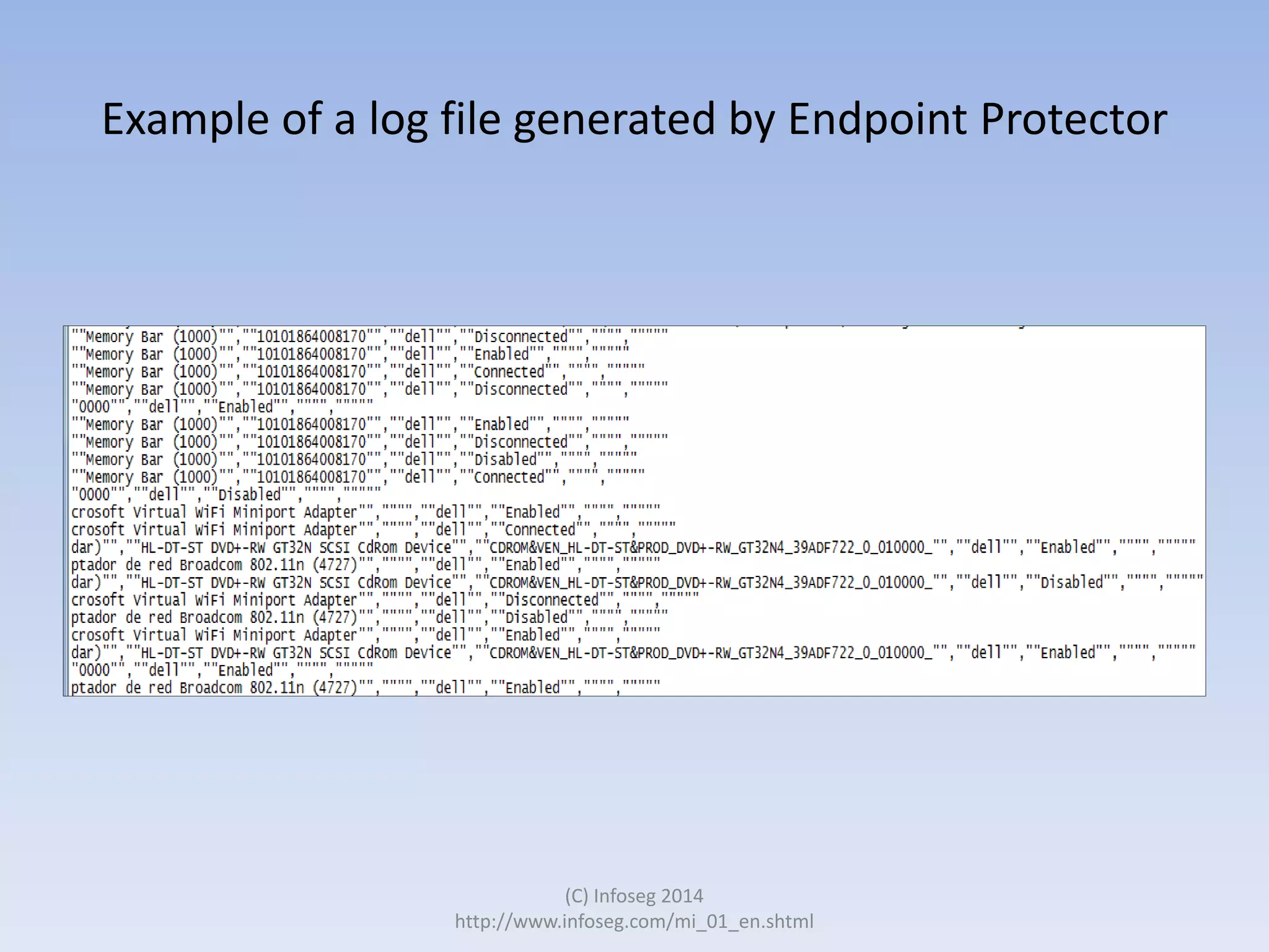 Example of a log file generated by Endpoint Protector

(C) Infoseg 2014
http://www.infoseg.com/mi_01_en.shtml

 