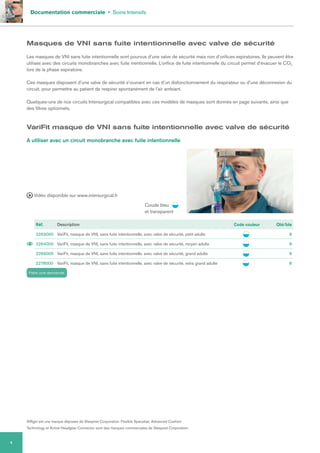 Documentation commerciale • Soins Intensifs
4
VariFit masque de VNI sans fuite intentionnelle avec valve de sécurité
A utiliser avec un circuit monobranche avec fuite intentionnelle
Réf. Description Code couleur Qté/bte
2263000 VariFit, masque de VNI, sans fuite intentionnelle, avec valve de sécurité, petit adulte 8
2264000 VariFit, masque de VNI, sans fuite intentionnelle, avec valve de sécurité, moyen adulte 8
2269000 VariFit, masque de VNI, sans fuite intentionnelle, avec valve de sécurité, grand adulte 8
2278000 VariFit, masque de VNI, sans fuite intentionnelle, avec valve de sécurité, extra grand adulte 8
AIRgel est une marque déposée de Sleepnet Corporation. Flexible Spacebar, Advanced Cushion
Technology et Active Headgear Connector sont des marques commerciales de Sleepnet Corporation.
Coude bleu
et transparent
Masques de VNI sans fuite intentionnelle avec valve de sécurité
Les masques de VNI sans fuite intentionnelle sont pourvus d’une valve de sécurité mais non d’orifices expiratoires. Ils peuvent être
utilisés avec des circuits monobranches avec fuite inentionnelle. L’orifice de fuite intentionnelle du circuit permet d’évacuer le CO2
lors de la phase expiratoire.
Ces masques disposent d’une valve de sécurité s’ouvrant en cas d’un disfonctionnement du respirateur ou d’une déconnexion du
circuit, pour permettre au patient de respirer spontanément de l’air ambiant.
Quelques-uns de nos circuits Intersurgical compatibles avec ces modèles de masques sont donnés en page suivante, ainsi que
des filtres optionnels.
Vidéo disponible sur www.intersurgical.fr
Faire une demande
 
