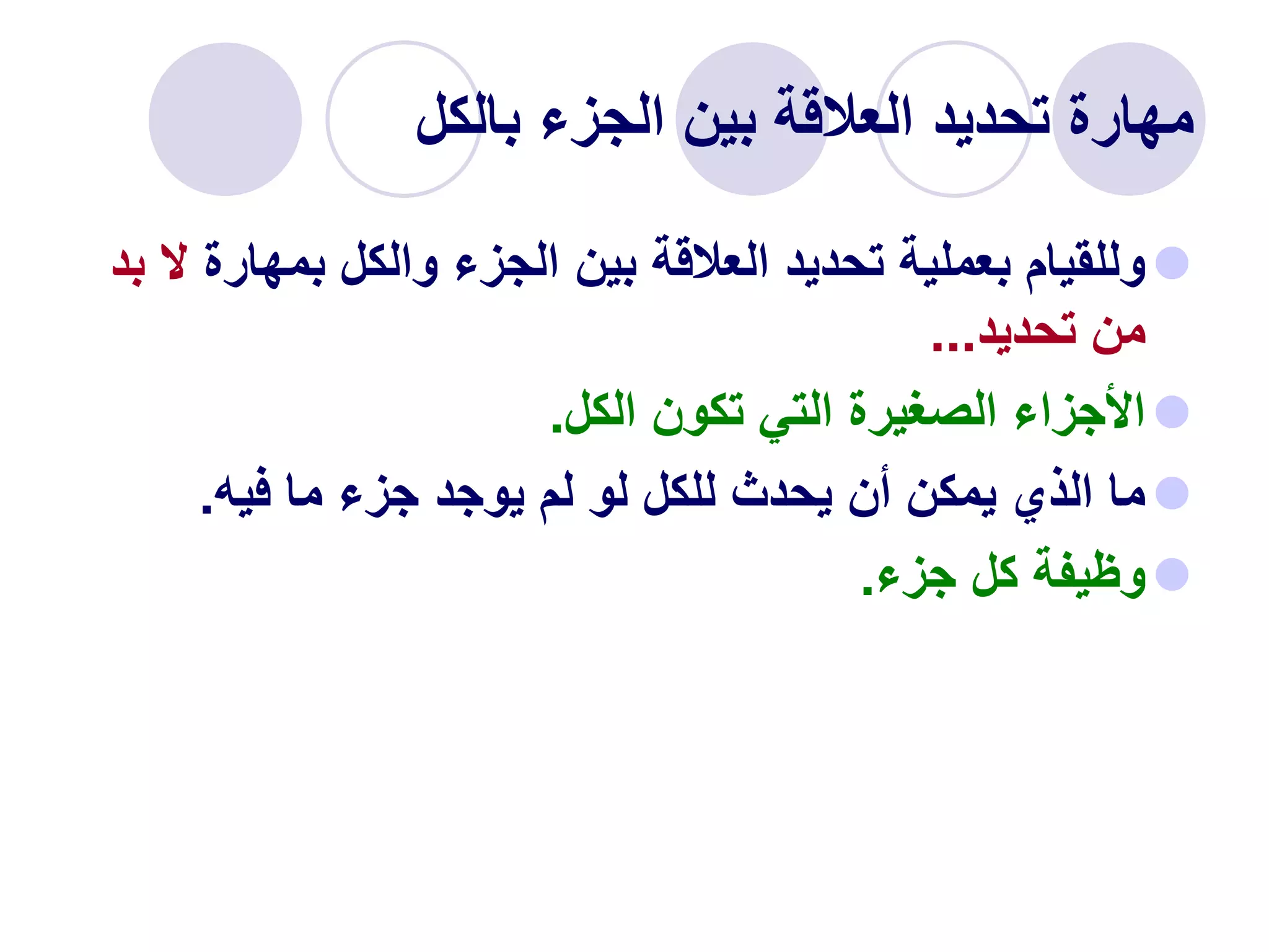 ‫بالكل‬ ‫الجزء‬ ‫بين‬ ‫العالقة‬ ‫تحديد‬ ‫مهارة‬

‫بمهار‬ ‫والكل‬ ‫الجزء‬ ‫بين‬ ‫العالقة‬ ‫تحديد‬ ‫بعملية‬ ‫وللقيام‬
‫ة‬
‫بد‬ ‫ال‬
‫تحديد‬ ‫من‬
...

‫الكل‬ ‫تكون‬ ‫التي‬ ‫الصغيرة‬ ‫األجزاء‬
.

‫فيه‬ ‫ما‬ ‫جزء‬ ‫يوجد‬ ‫لم‬ ‫لو‬ ‫للكل‬ ‫يحدث‬ ‫أن‬ ‫يمكن‬ ‫الذي‬ ‫ما‬
.

‫جزء‬ ‫كل‬ ‫وظيفة‬
.
 