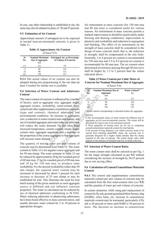 13
IS 10262 : 2019
In case, any other relationship is established at site, the
same may also be adopted in place of 20 and 25 percent.
9.3 Estimation of Air Content
Approximate amount of entrapped air to be expected
in normal (non-air-entrained) concrete is given in
Table 11.
Table 11 Approximate Air Content
(Clause 9.3)
Sl
No.
Nominal Maximum
Size of Aggregate
mm
Entrapped Air, as Percentage
of Volume of Concrete
(1) (2) (3)
i)
ii)
iii)
40
80
150
0.8
0.3
0.2
9.3.1 The actual values of air content can also be
adopted during mix proportioning if, the site data (at
least 5 results) for similar mix is available.
9.4 Selection of Water Content and Admixture
Content
The water content of concrete is influenced by a number
of factors, such as aggregate size, aggregate shape,
aggregate texture, workability, water-cement ratio,
cement and other supplementary cementitious materials
(type and content), chemical admixture and
environmental conditions. An increase in aggregates
size, a reduction in water-cement ratio and slumps, and
use of rounded aggregate and water reducing admixture
will reduce the water demand. On the other hand
increased temperature, cement content, slump, water-
cement ratio, aggregate angularity and a decrease in
the proportion of the coarse aggregate to fine aggregate
will increase water demand.
The quantity of mixing water per unit volume of
concrete may be determined from Table 12. The water
content in Table 12 is for angular coarse aggregate and
for 50 mm slump. The water estimate in Table 12 can
be reduced by approximately 20 kg for rounded gravel
of 40 mm msa, 15 kg for rounded gravel of 80 mm msa
and 10 kg for 150 mm msa, to produce same
workability. For the desired workability (other than 50
mm slump), the required water content may be
increased or decreased by about 3 percent for each
increase or decrease of 25 mm slump or may be
established by trial. This illustrates the need for trial
batch testing of the given materials as each aggregate
source is different and can influence concrete
properties. The water so calculated can be reduced by
use of chemical admixture conforming to IS 9103.
Water reducing admixture or plasticizing admixtures
have been found effective in mass concrete mixes, and
usually decrease water content by 5 to 10 percent at
appropriate dosages.
Air entrainment in mass concrete (for 150 mm msa
and 80 mm msa) is considered useful for various
reasons. Air entrainment in mass concrete permits a
marked improvement in durability (particularly under
freezing and thawing conditions), improvement in
plasticity and workability and reduction in segregation
and bleeding. The effect of air entrainment on the
strength of mass concrete shall be considered in the
design of mass concrete itself; that is, the reduction
in strength, shall be compensated in the mix trials.
Generally, 3 to 4 percent air content is recommended
for 150 mm msa and 3.5 to 4.5 percent air content is
recommended for 80 mm msa. The air content when
determined on mixtures passing through 40 mm sieve
shall be higher by 1.5 to 2 percent than the values
indicated above.
Table 12 Water Content per Cubic Metre of
Concrete for Nominal Maximum Size of Aggregate
(Clause 9.4)
Sl
No.
Nominal Maximum Size of
Aggregate
mm
Water Content(1)
kg
(1) (2) (3)
i)
ii)
iii)
40
80
150
165
145
125
1)
Water content corresponding to saturated surface dry aggregate.
NOTES
1 The recommended values of water content for different msa of
aggregates are for non-air-entrained concrete. The values will be
decreased by 8 kg in case of air-entrained concrete.
2 These quantities of mixing water are for use in computing
cement/cementitious materials content for trial batches.
3 On account of long distances over which concrete needs to be
carried from batching plant/RMC plant, the concrete mix is
generally designed for a higher slump initially than the slump
required at the time of placing. The initial slump value shall
depend on the distance of transport and loss of slump with time.
9.5 Selection of Water Cement Ratio.
The water cement ratio shall be selected as per Fig. 1
for the target strength calculated as per 9.2 without
considering the increase of strength by 20-25 percent
due to wet sieving effect.
9.6 Calculation of Cement/Cementitious Materials
Content
9.6.1 The cement and supplementary cementitious
materials content per unit volume of concrete may be
calculated from the free water-cement ratio (see 9.5)
and the quantity of water per unit volume of concrete.
In certain situations, while using part replacement of
cement by fly ash, ground granulated blast furnace slag
(GGBS), silica fume, etc, increase in cementitious
materials content may be warranted, particularly if fly
ash is 20 percent or more and GGBS is 30 percent or
more. The decision on increase in cementitious
L
i
c
e
n
s
e
d
t
o
I
R
I
C
E
N
L
I
B
l
i
b
r
a
r
y
@
i
r
i
c
e
n
.
g
o
v
.
i
n
 