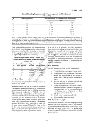 15
IS 10262 : 2019
These values shall be compared with those determined
during the mix proportioning procedure and appropriate
adjustments made by either increasing or decreasing
the fine aggregate, and cementitous material contents,
for improved placeability and workability,
Table 15 Approximate Mortar Content for
Various Nominal Maximum Sizes of Aggregates
(Clause 9.9)
Sl
No.
Nominal Maximum
Size of Aggregate
mm
Shape of
Aggregate
Volume of
Mortar Content
m3
(1) (2) (3) (4)
i) 150 Crushed 0.39 ± 0.01
ii) 150 Rounded 0.37 ± 0.01
iii) 80 Crushed 0.44 ± 0.01
iv) 80 Rounded 0.43 ± 0.01
9.11 Trial Mixes
The calculated mix proportions shall be checked by
means of trial batches.
Workability of the trial mix No. 1 shall be measured.
The mix shall be carefully observed for freedom from
segregation and bleeding and its finishing properties.
If the measured workability of Trial Mix No. 1 is
different from the stipulated value, the water and/or
admixture content shall be adjusted suitably. With this
adjustment, the mix proportion shall be recalculated
keeping the free water-cement ratio at the pre-selected
value, which will comprise Trial Mix No. 2. In addition,
two more Trial Mixes No. 3 and 4 shall be made with
the water content same as Trial mix No. 2 and varying
the free water-cement/cementitious materials ratio by
about ±10 percent of the preselected value, while
satisfying the workability requirements as well.
Mix No. 2 to 4 normally provides sufficient
information, including the relationship between
compressive strength and water-cement ratio, from
which the mix proportions can be finalized, such that
the strength and durability requirements are also
satisfied. Additional field trials are recommended
particularly for workability requirements. The concrete
for field trials shall be produced by methods of actual
concrete production.
9.12 Reporting
The mix design report shall include the following:
a) Period of testing (starting and ending date);
b) Details of work/type of structure, if provided;
c) All the data provided for the mix design as
per 4.1 and 9.1, and deviations from IS 456,
if any;
d) Relevant test data of different materials for
the purpose of mix proportioning;
e) Details of materials such as brand of cement,
manufacturing date (week/year) percentage of
pozzolana/slag, etc, as per manufacturers
certificate; source of coarse and fine
aggregates (if provided), etc;
f) Details of the trials conducted; and
g) Recommended mix proportions.
9.13 Illustrative Example
An illustrative example of concrete mix proportioning
for mass concreting is given in Annex F. This example
is merely illustrative and explains the procedure to be
adopted for mass concreting. The actual mix
proportioning shall be based on various trials with the
given materials.
Table 14 Grading Requirements for Coarse Aggregate for Mass Concrete
(Clause 9.9)
Percentage Passing for Graded Aggregate of Nominal Size
Sl
No.
IS Sieve Designation
mm
150 mm 80 mm
(1) (2) (3) (4)
i) 150 100 100
ii) 80 55 - 65 100
iii) 40 29 - 40 53 - 62
iv) 20 14 - 22 26 - 34
v) 10 6 - 10 10 - 15
vi) 4.75 0 - 5 0 - 5
NOTE — In mass concreting, rounded aggregate is also used, and the fine aggregate requirement is on the lower side as compared to
crushed aggregate. Therefore, it is recommended that, for rounded aggregates, the percentage passing shall be towards the higher limit of
the range specified for various sieve sizes and for crushed aggregates, the percentage passing, shall be towards the lower limit of the range
specified for various sieve sizes. This recommendation is valid for grading requirements for 150 mm msa, and 80 mm msa, as mentioned
above, and for 40 mm msa as per Table 7 of IS 383.
L
i
c
e
n
s
e
d
t
o
I
R
I
C
E
N
L
I
B
l
i
b
r
a
r
y
@
i
r
i
c
e
n
.
g
o
v
.
i
n
 