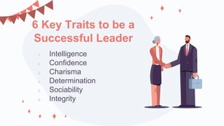 6 Key Traits to be a
Successful Leader
1. Intelligence
2. Confidence
3. Charisma
4. Determination
5. Sociability
6. Integr...