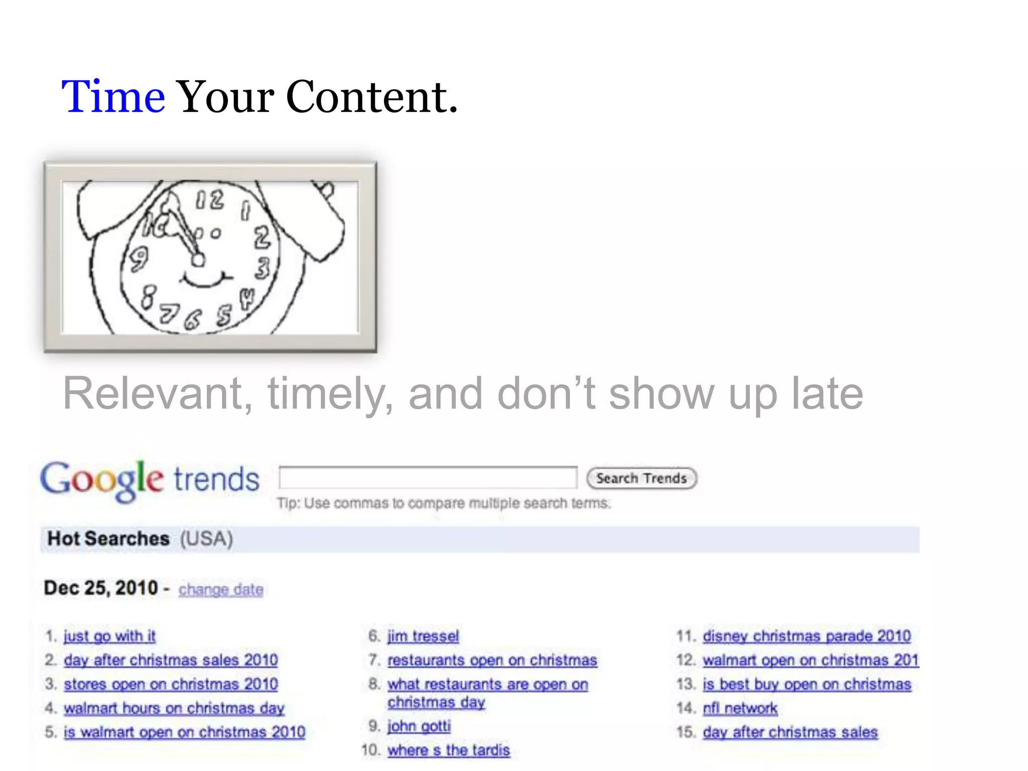 Time Your Content.




Relevant, timely, and don’t show up late
 