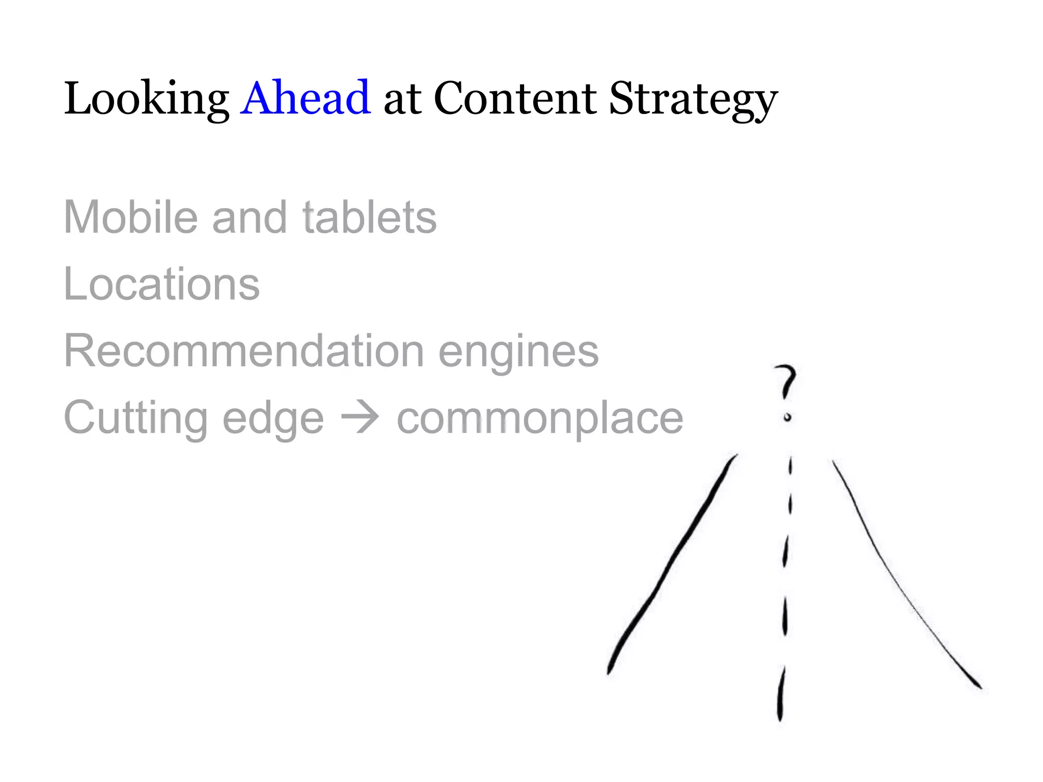 Looking Ahead at Content Strategy

Mobile and tablets
Locations
Recommendation engines
Cutting edge  commonplace
 