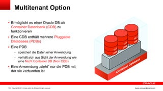 Copyright © 2013, Oracle and/or its affiliates. All rights reserved.15 ileana.somesan@oracle.com
Multitenant Option
 Ermöglicht es einer Oracle DB als
Container Datenbank (CDB) zu
funktionieren
 Eine CDB enthält mehrere Pluggable
Databases (PDBs)
 Eine PDB
– speichert die Daten einer Anwendung
– verhält sich aus Sicht der Anwendung wie
eine Nicht Container DB (Non CDB)
 Eine Anwendung „sieht“ nur die PDB mit
der sie verbunden ist
 