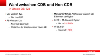 Copyright © 2013, Oracle and/or its affiliates. All rights reserved.16 ileana.somesan@oracle.com
Wahl zwischen CDB und Non-CDB
In Oracle DB 12c
 Mandantenfähige Architektur in allen DB-
Editionen verfügbar
 In EE + Multitenant Option
– Bis zu 252 PDBs
 In SE/SE1
– Maximal 1 PDB
 Vor Version 12c
– Nur Non-CDB
 Ab Version 12c
– Non-CDB oder CDB
– Option bei der Erstellung einer neuen DB
 