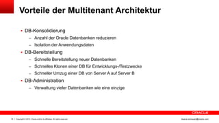 Copyright © 2013, Oracle and/or its affiliates. All rights reserved.18 ileana.somesan@oracle.com
Vorteile der Multitenant Architektur
 DB-Konsolidierung
– Anzahl der Oracle Datenbanken reduzieren
– Isolation der Anwendungsdaten
 DB-Bereitstellung
– Schnelle Bereitstellung neuer Datenbanken
– Schnelles Klonen einer DB für Entwicklungs-/Testzwecke
– Schneller Umzug einer DB von Server A auf Server B
 DB-Administration
– Verwaltung vieler Datenbanken wie eine einzige
 