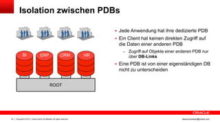 Copyright © 2013, Oracle and/or its affiliates. All rights reserved.33 ileana.somesan@oracle.com
 Jede Anwendung hat ihre dedizierte PDB
 Ein Client hat keinen direkten Zugriff auf
die Daten einer anderen PDB
– Zugriff auf Objekte einer anderen PDB nur
über DB-Links
 Eine PDB ist von einer eigenständigen DB
nicht zu unterscheiden
Isolation zwischen PDBs
CRM HR
ROOT
BI ERP
 