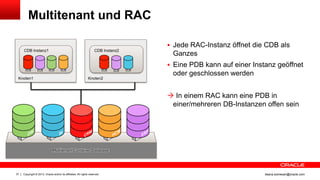 Copyright © 2013, Oracle and/or its affiliates. All rights reserved.37 ileana.somesan@oracle.com
 Jede RAC-Instanz öffnet die CDB als
Ganzes
 Eine PDB kann auf einer Instanz geöffnet
oder geschlossen werden
 In einem RAC kann eine PDB in
einer/mehreren DB-Instanzen offen sein
Multitenant und RAC
Knoten1
CDB Instanz1
Knoten2
CDB Instanz2
Multitenant Container Database
 