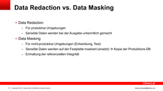 Copyright © 2013, Oracle and/or its affiliates. All rights reserved.72 ileana.somesan@oracle.com
Data Redaction vs. Data Masking
 Data Redaction
– Für produktive Umgebungen
– Sensible Daten werden bei der Ausgabe unkenntlich gemacht
 Data Masking
– Für nicht-produktive Umgebungen (Entwicklung, Test)
– Sensible Daten werden auf der Festplatte maskiert (ersetzt)  Kopie der Produktions-DB
– Einhaltung der referenziellen Integrität
 