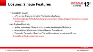 Copyright © 2013, Oracle and/or its affiliates. All rights reserved.84 ileana.somesan@oracle.com
Lösung: 2 neue Features
 Transaction Guard
– API, um das Ergebnis der letzten Transaktion abzufragen
 Sicherheit bei der Fehlerbehandlung: Entwickler kann fehlgeschlagene Transaktionen gezielt
wiederholen
 Application Continuity
– Aufbau einer neuen DB-Verbindung zu einer überlebenden DB-Instanz
– Automatisches Wiederholen fehlgeschlagener Transaktionen
– Verwendet Transaction Guard, um Transaktionen genau einmal auszuführen
 Ausfälle vor Endbenutzern verbergen
 