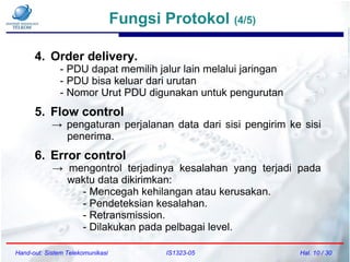 Fungsi Protokol (4/5)
Hand-out: Sistem Telekomunikasi IS1323-05 Hal. 10 / 30
4. Order delivery.
- PDU dapat memilih jalur lain melalui jaringan
- PDU bisa keluar dari urutan
- Nomor Urut PDU digunakan untuk pengurutan
5. Flow control
→ pengaturan perjalanan data dari sisi pengirim ke sisi
penerima.
6. Error control
→ mengontrol terjadinya kesalahan yang terjadi pada
waktu data dikirimkan:
- Mencegah kehilangan atau kerusakan.
- Pendeteksian kesalahan.
- Retransmission.
- Dilakukan pada pelbagai level.
 