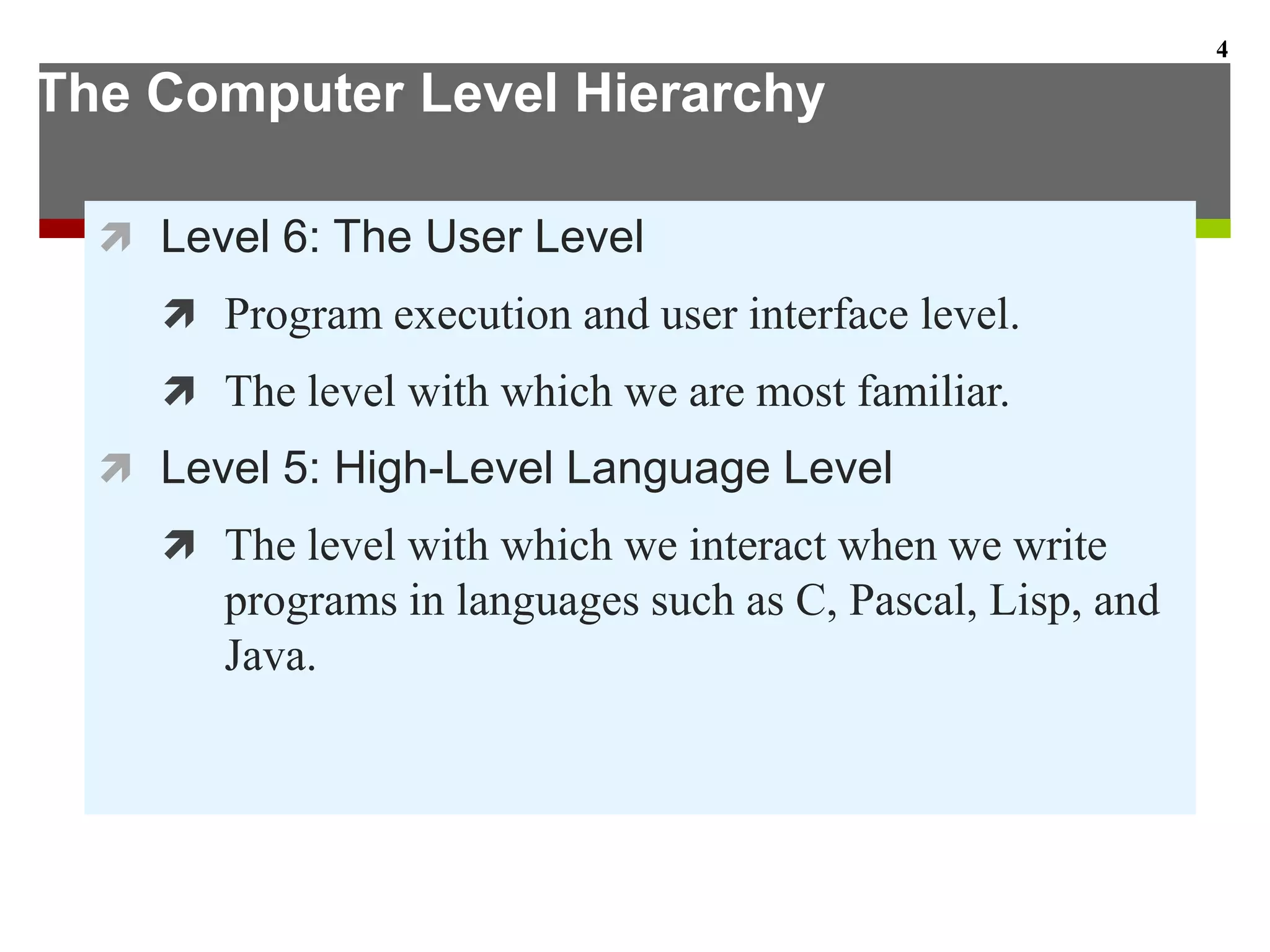 The Computer Level Hierarchy
 Level 6: The User Level
 Program execution and user interface level.
 The level with which we are most familiar.
 Level 5: High-Level Language Level
 The level with which we interact when we write
programs in languages such as C, Pascal, Lisp, and
Java.
4
 