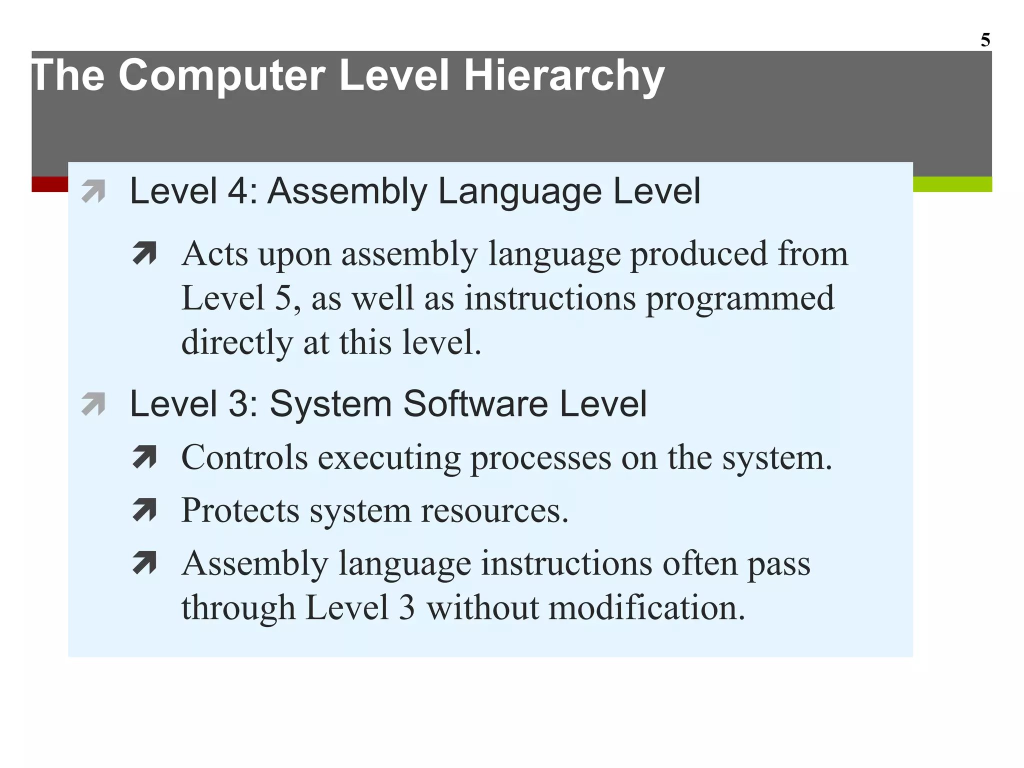 The Computer Level Hierarchy
 Level 4: Assembly Language Level
 Acts upon assembly language produced from
Level 5, as well as instructions programmed
directly at this level.
 Level 3: System Software Level
 Controls executing processes on the system.
 Protects system resources.
 Assembly language instructions often pass
through Level 3 without modification.
5
 