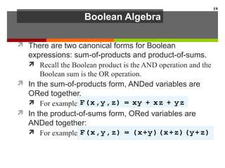 Boolean Algebra
 There are two canonical forms for Boolean
expressions: sum-of-products and product-of-sums.
 Recall the Boolean product is the AND operation and the
Boolean sum is the OR operation.
 In the sum-of-products form, ANDed variables are
ORed together.
 For example:
 In the product-of-sums form, ORed variables are
ANDed together:
 For example:
19
 