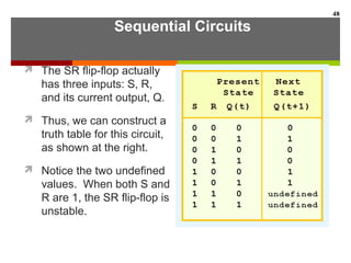 Sequential Circuits
 The SR flip-flop actually
has three inputs: S, R,
and its current output, Q.
 Thus, we can construct a
truth table for this circuit,
as shown at the right.
 Notice the two undefined
values. When both S and
R are 1, the SR flip-flop is
unstable.
48
 