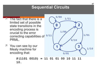 Sequential Circuits
 The fact that there is a
limited set of possible
state transitions in the
encoding process is
crucial to the error
correcting capabilities of
PRML.
 You can see by our
Mealy machine for
encoding that:
67
F(1101 0010) = 11 01 01 00 10 11 11
10.
 
